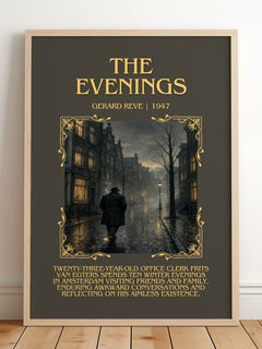 The Evenings Minimalist Book Poster by Gerard Reve – framed print leaning on a wooden floor