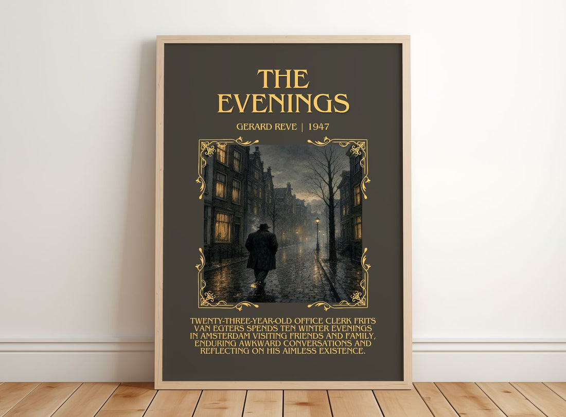 The Evenings Minimalist Book Poster by Gerard Reve – framed print leaning on a wooden floor