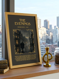 The Evenings Minimalist Book Poster by Gerard Reve – framed print on a city-view windowsill
