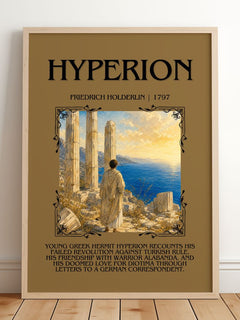 Hyperion Minimalist Book Poster by Friedrich Holderlin – framed print leaning on a wooden floor