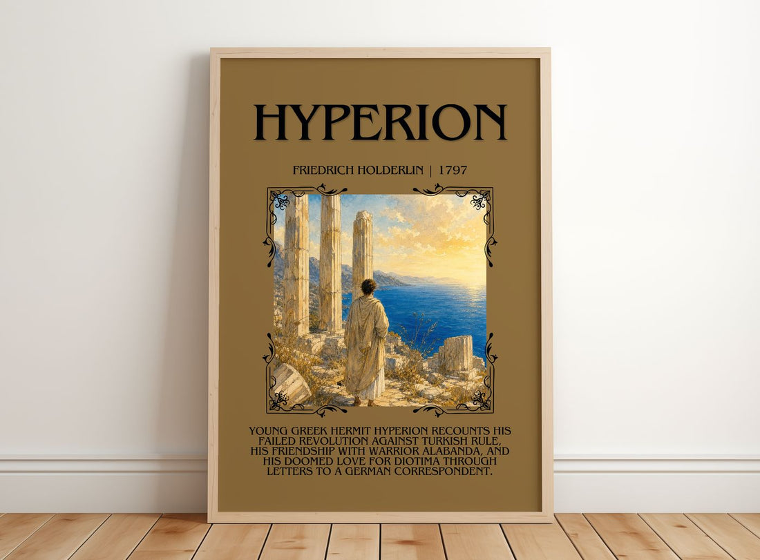 Hyperion Minimalist Book Poster by Friedrich Holderlin – framed print leaning on a wooden floor