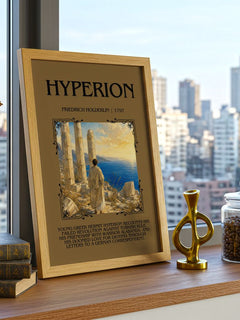 Hyperion Minimalist Book Poster by Friedrich Holderlin – framed print on a city-view windowsill