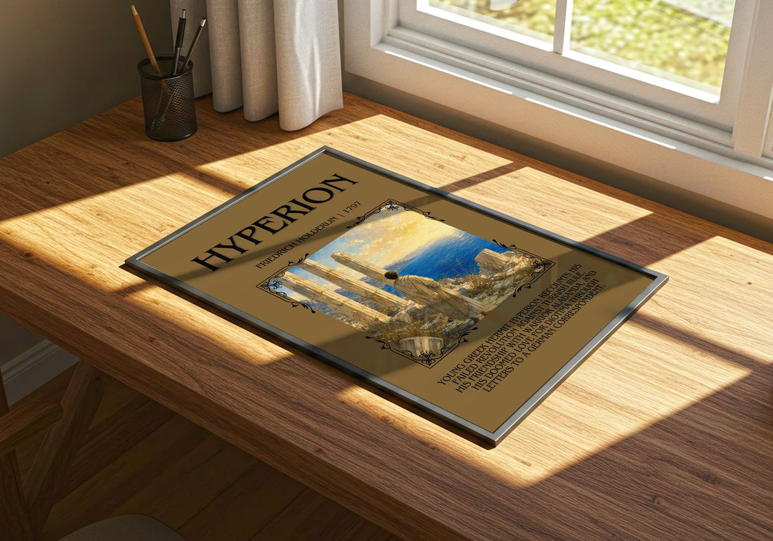 Hyperion Minimalist Book Poster by Friedrich Holderlin – print on a sunlit desk