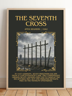 The Seventh Cross Minimalist Book Poster by Anna Seghers – framed print leaning on a wooden floor