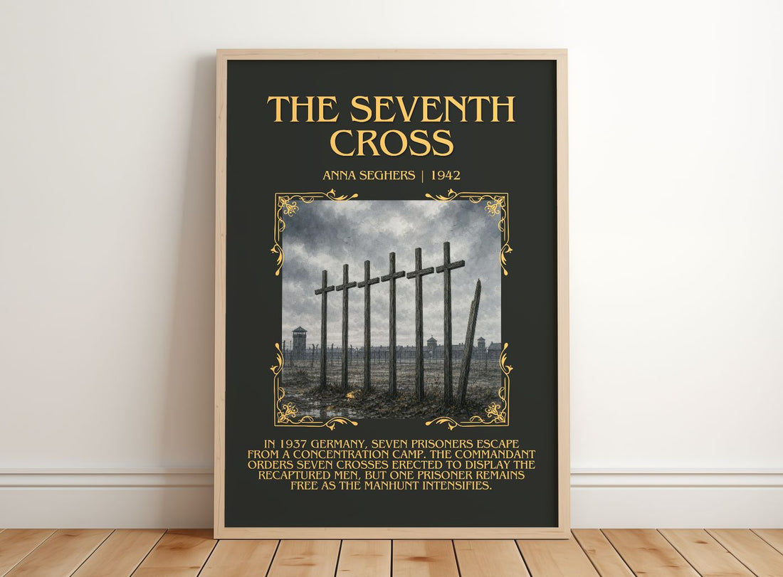 The Seventh Cross Minimalist Book Poster by Anna Seghers – framed print leaning on a wooden floor