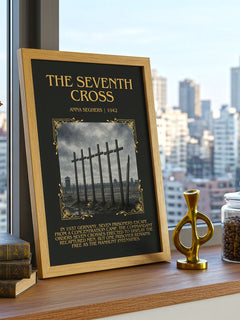 The Seventh Cross Minimalist Book Poster by Anna Seghers – framed print on a city-view windowsill