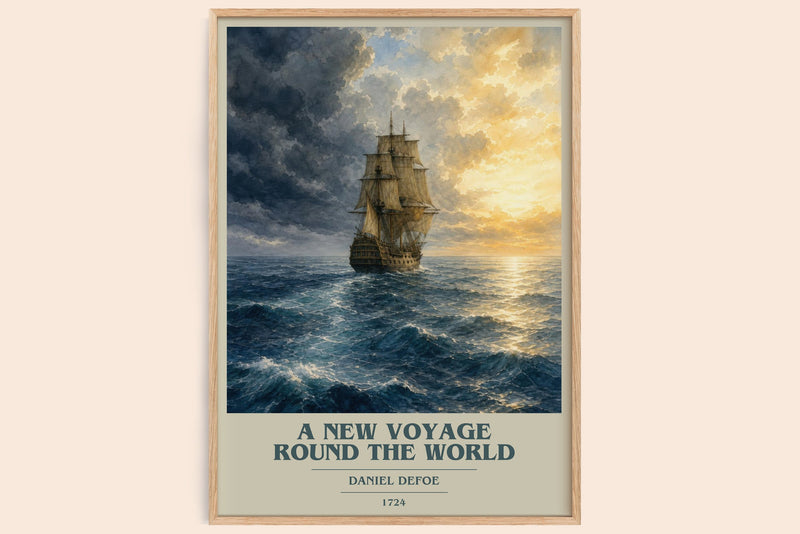 A New Voyage Round The World book cover book poster by Daniel Defoe – framed literary art print