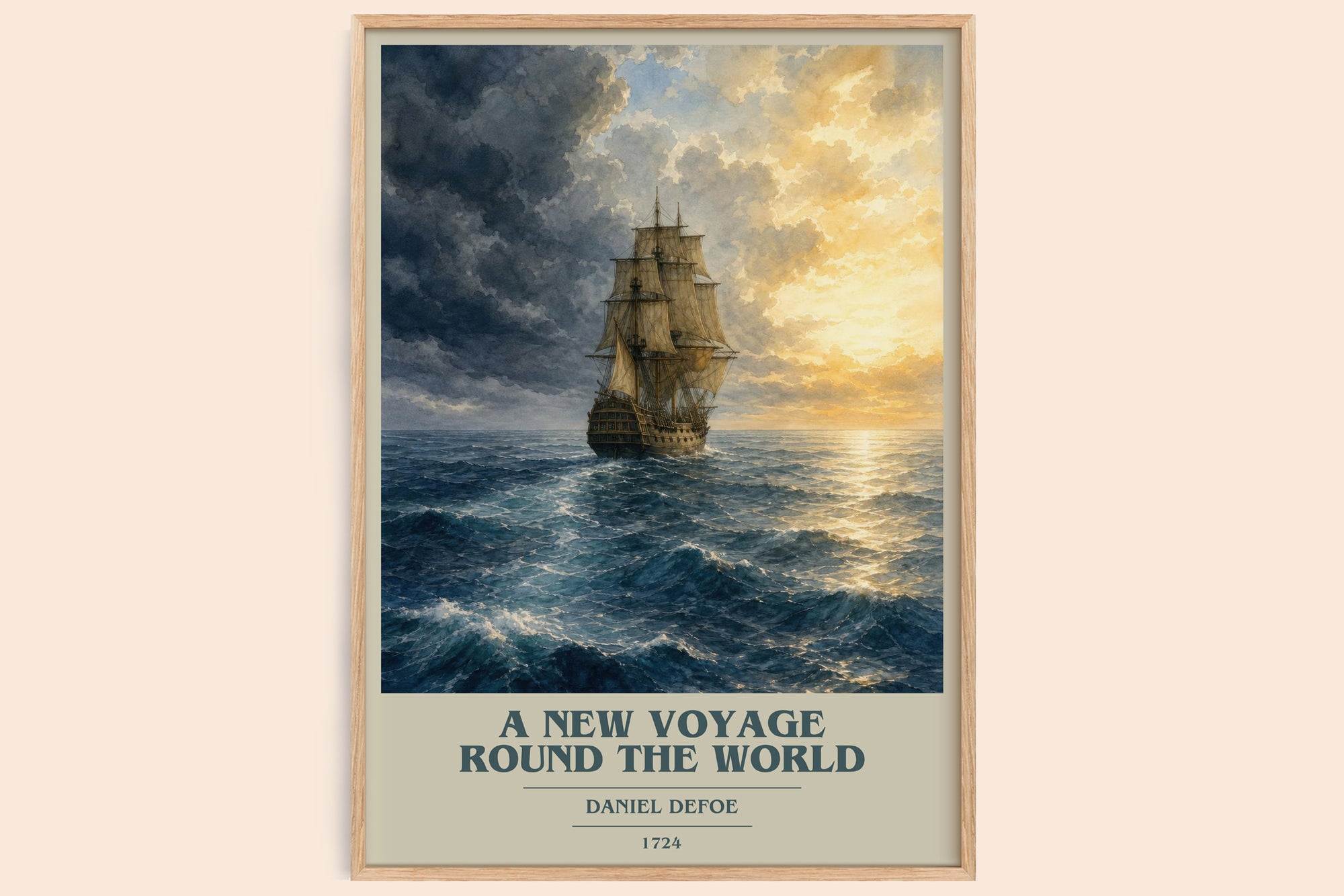 A New Voyage Round The World book cover book poster by Daniel Defoe – framed literary art print