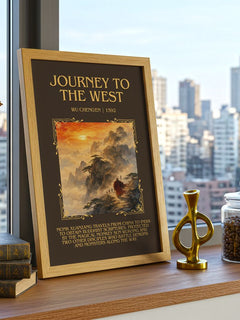 Journey to the West Minimalist Book Poster by Wu Cheng'en – framed print on a city-view windowsill