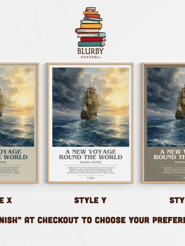 A New Voyage Round The World bookish print in frame leaning in hallway – adventure wall art