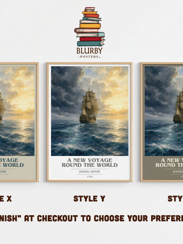 A New Voyage Round The World book cover print in frame leaning in hallway – adventure wall art