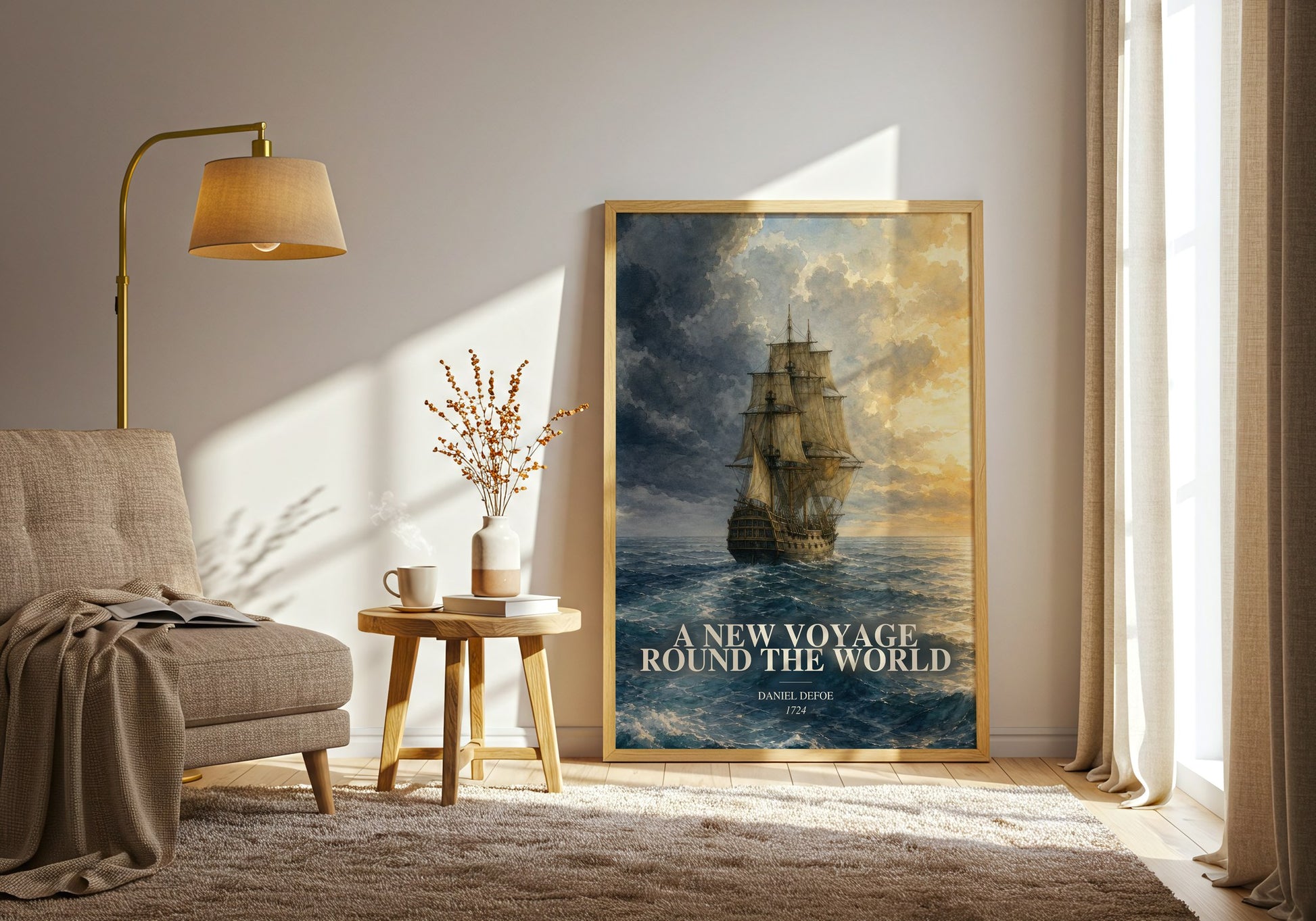 A New Voyage Round The World watercolour print in frame leaning in hallway – adventure wall art