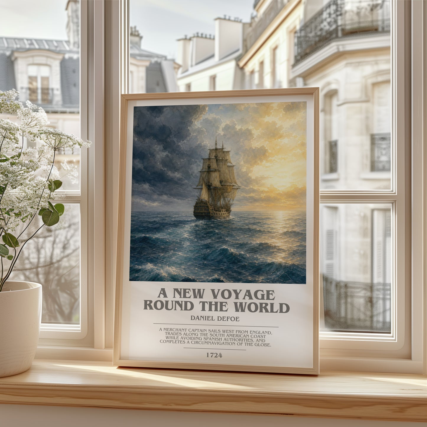 A New Voyage Round The World bookish poster colour and style options – Daniel Defoe book art
