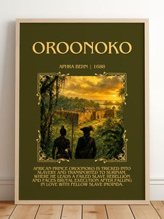 Oroonoko Minimalist Book Poster by Aphra Behn – framed print leaning on a wooden floor
