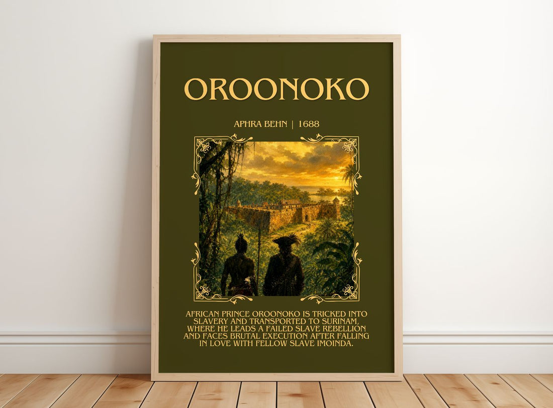 Oroonoko Minimalist Book Poster by Aphra Behn – framed print leaning on a wooden floor