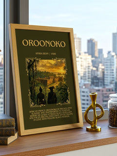 Oroonoko Minimalist Book Poster by Aphra Behn – framed print on a city-view windowsill