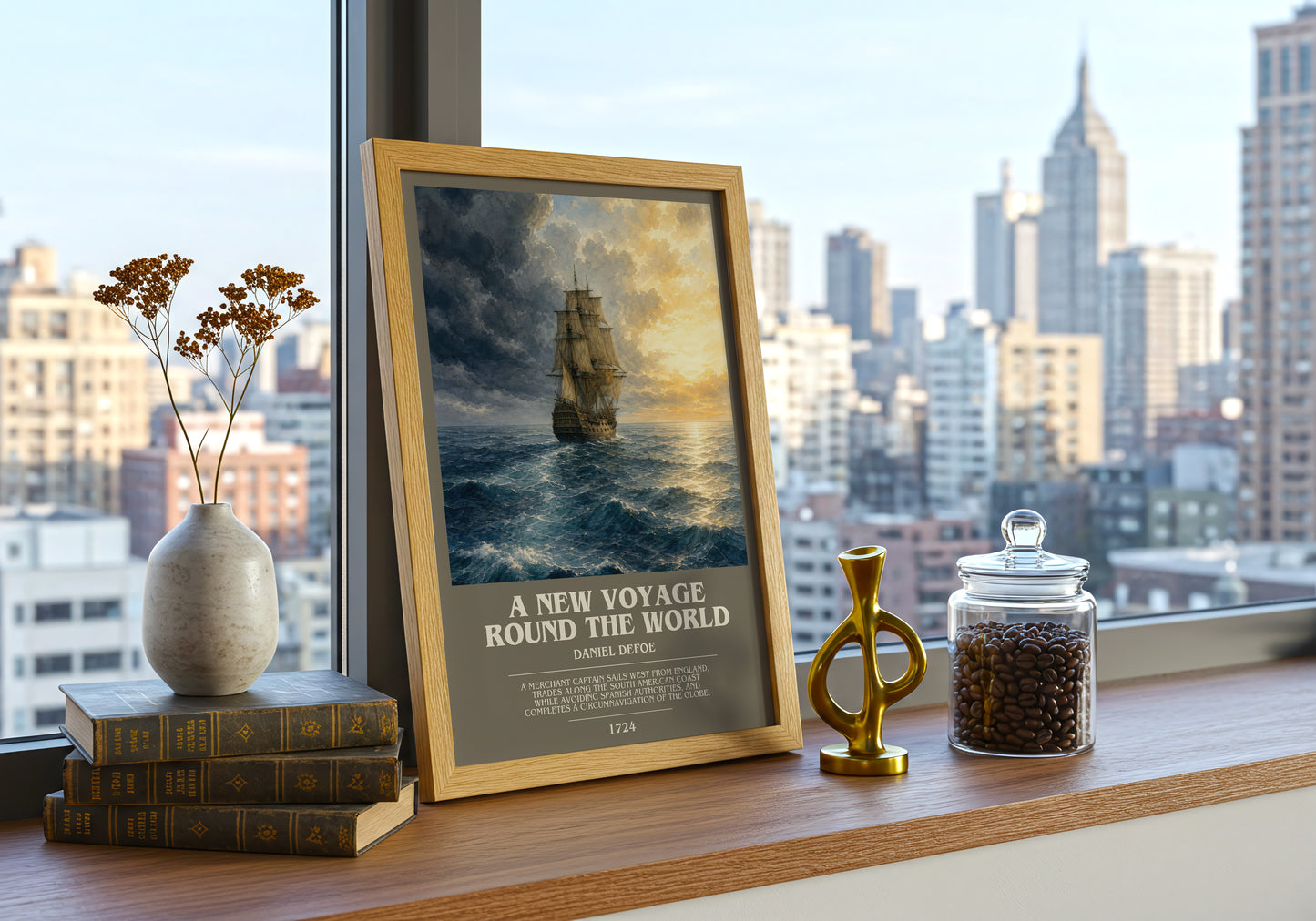 A New Voyage Round The World bookish print framed by window – literary home decor