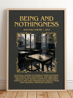 Being and Nothingness Minimalist Book Poster by Jean Paul Sartre – framed print leaning on a wooden floor