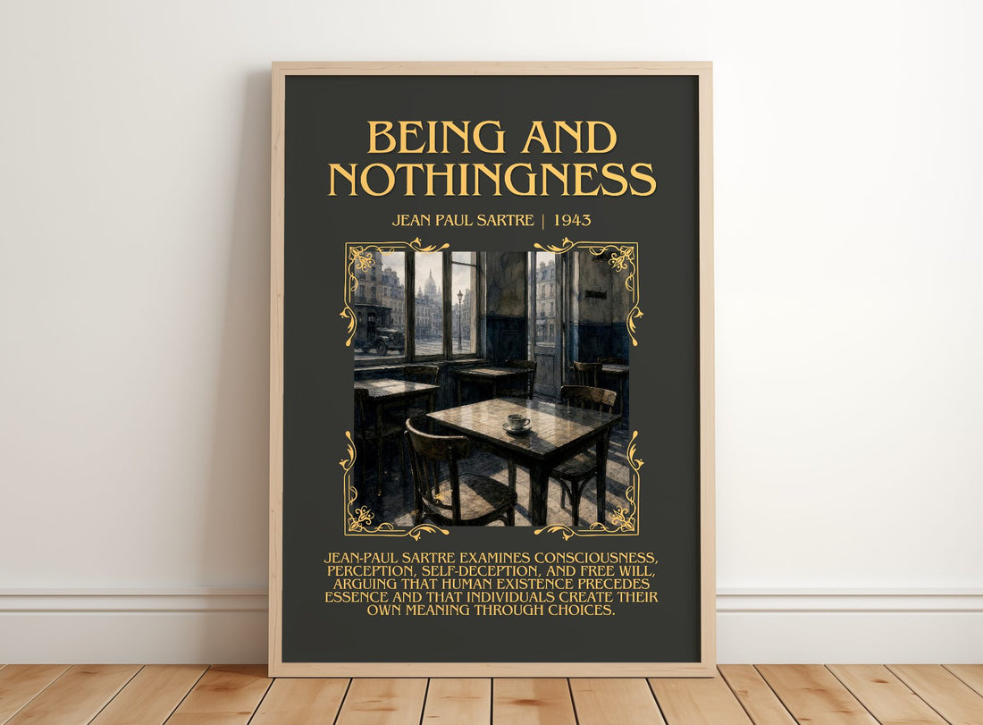 Being and Nothingness Minimalist Book Poster by Jean Paul Sartre – framed print leaning on a wooden floor