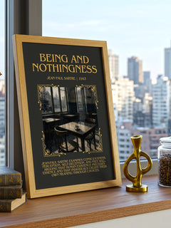 Being and Nothingness Minimalist Book Poster by Jean Paul Sartre – framed print on a city-view windowsill