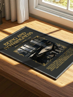 Being and Nothingness Minimalist Book Poster by Jean Paul Sartre – print on a sunlit desk
