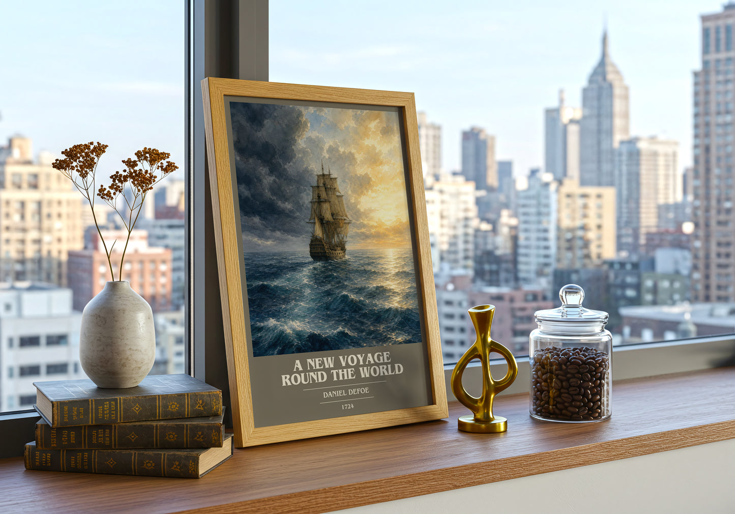 A New Voyage Round The World book cover print framed by window – literary home decor
