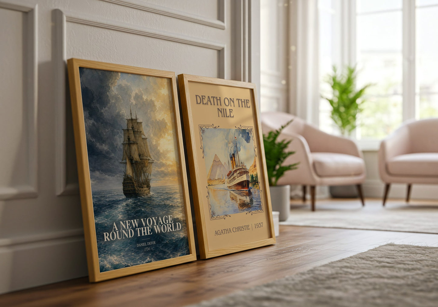 A New Voyage Round The World watercolour print framed by window – literary home decor