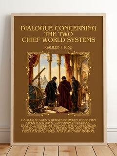 Dialogue Concerning the Two Chief World Systems Minimalist Book Poster by Galileo – framed print leaning on a wooden floor