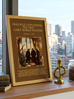 Dialogue Concerning the Two Chief World Systems Minimalist Book Poster by Galileo – framed print on a city-view windowsill