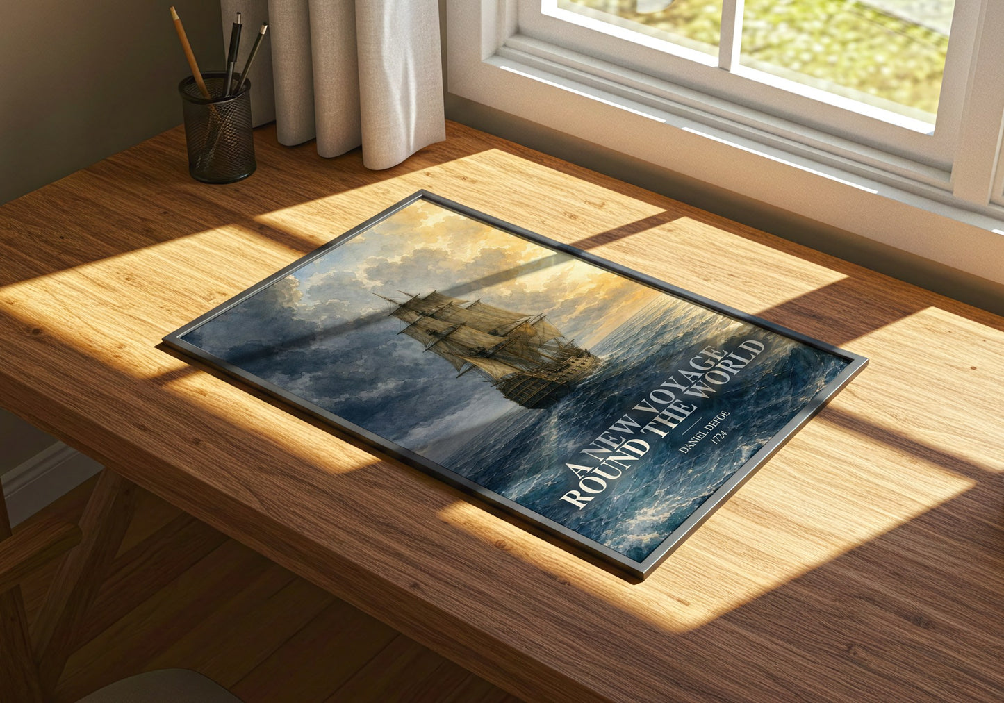 A New Voyage Round The World watercolour book poster framed on wall – adventure wall art