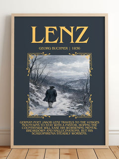 Lenz Minimalist Book Poster by Georg Buchner – framed print leaning on a wooden floor