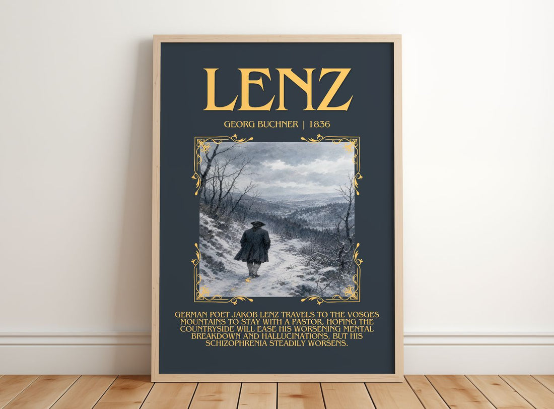 Lenz Minimalist Book Poster by Georg Buchner – framed print leaning on a wooden floor