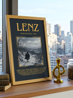 Lenz Minimalist Book Poster by Georg Buchner – framed print on a city-view windowsill