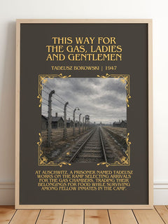This Way for the Gas, Ladies and Gentlemen Minimalist Book Poster by Tadeusz Borowski – framed print leaning on a wooden floor