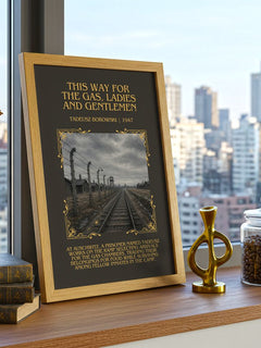 This Way for the Gas, Ladies and Gentlemen Minimalist Book Poster by Tadeusz Borowski – framed print on a city-view windowsill