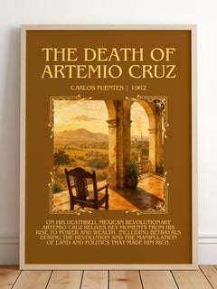 The Death of Artemio Cruz Minimalist Book Poster by Carlos Fuentes – framed print leaning on a wooden floor