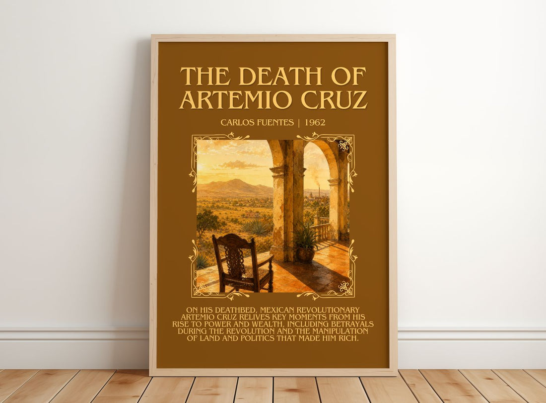 The Death of Artemio Cruz Minimalist Book Poster by Carlos Fuentes – framed print leaning on a wooden floor
