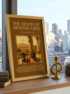 The Death of Artemio Cruz Minimalist Book Poster by Carlos Fuentes – framed print on a city-view windowsill