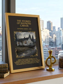 The Stories of Raymond Carver Minimalist Book Poster by Raymond Carver – framed print on a city-view windowsill