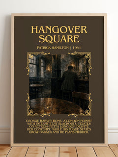Hangover Square Minimalist Book Poster by Patrick Hamilton – framed print leaning on a wooden floor