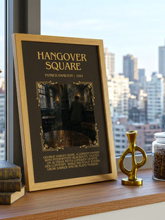 Hangover Square Minimalist Book Poster by Patrick Hamilton – framed print on a city-view windowsill