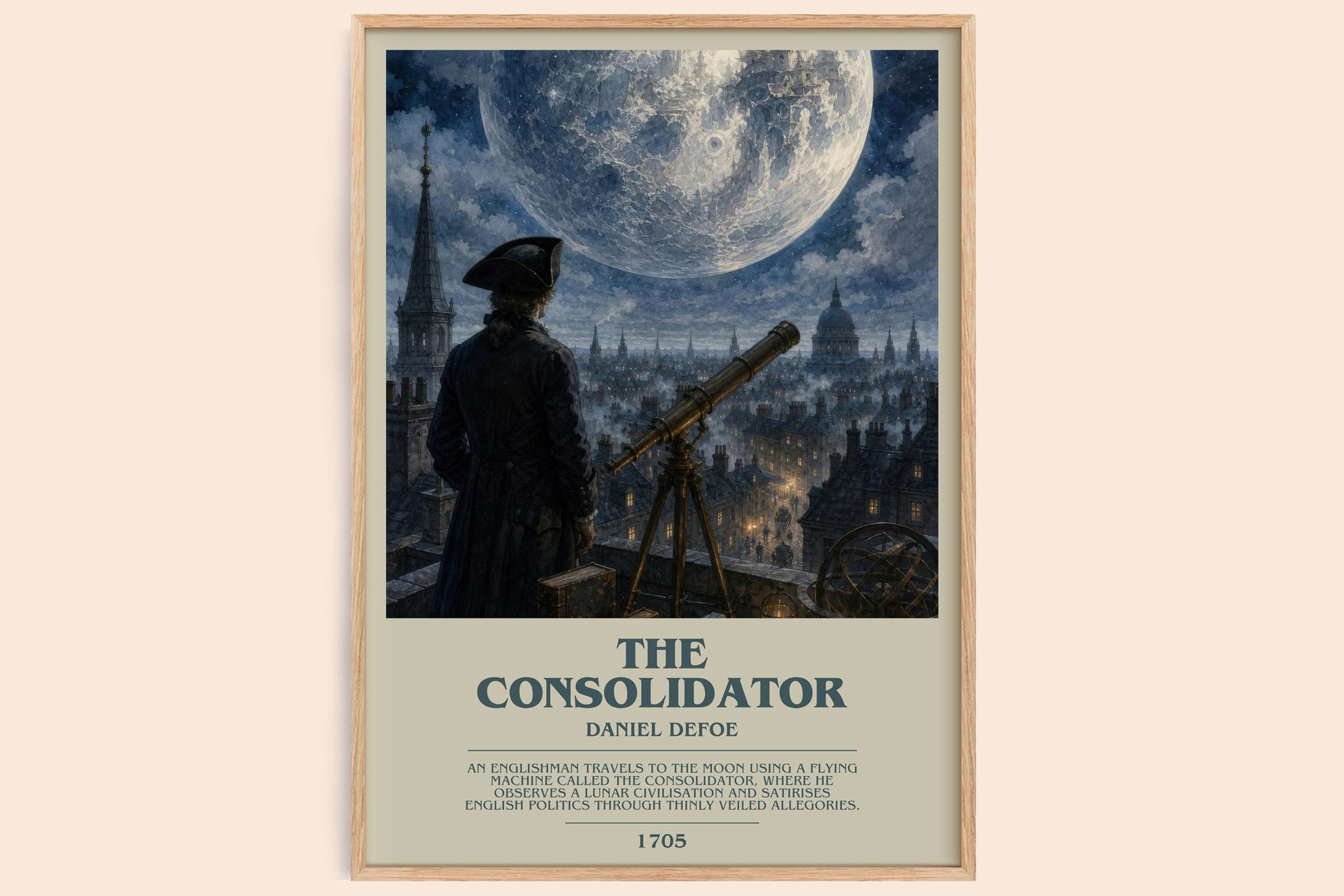 The Consolidator bookish book poster by Daniel Defoe – framed literary art print