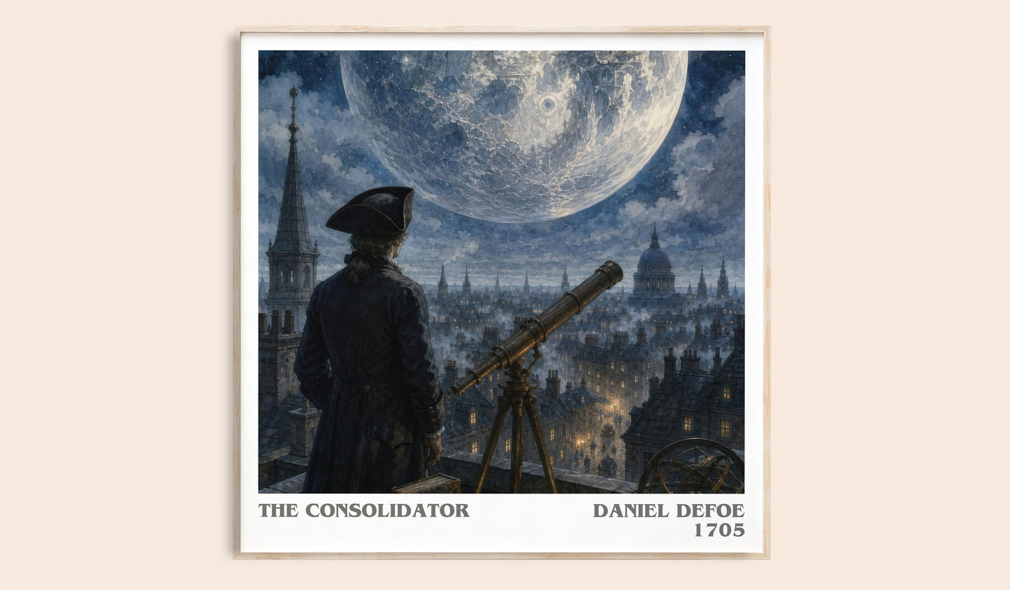 The Consolidator literary book poster by Daniel Defoe – framed literary art print