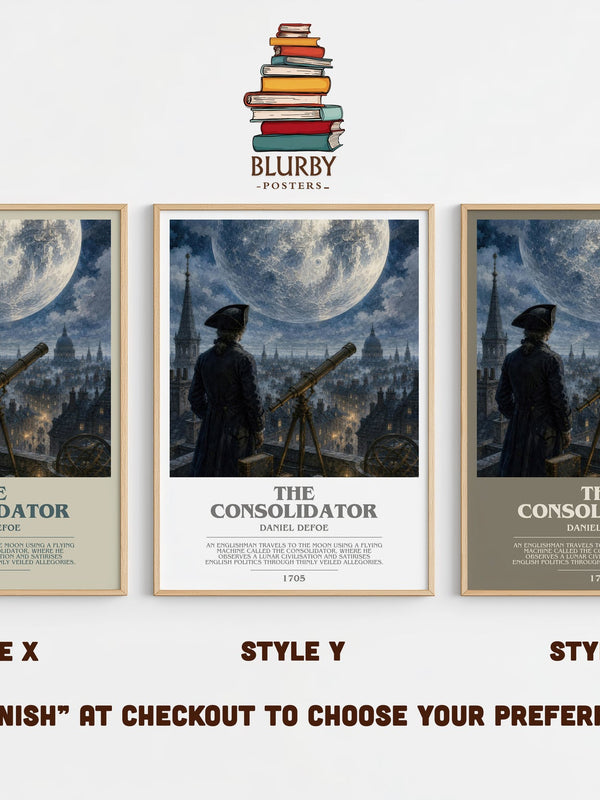 The Consolidator bookish print in frame leaning in hallway – sci fi wall art