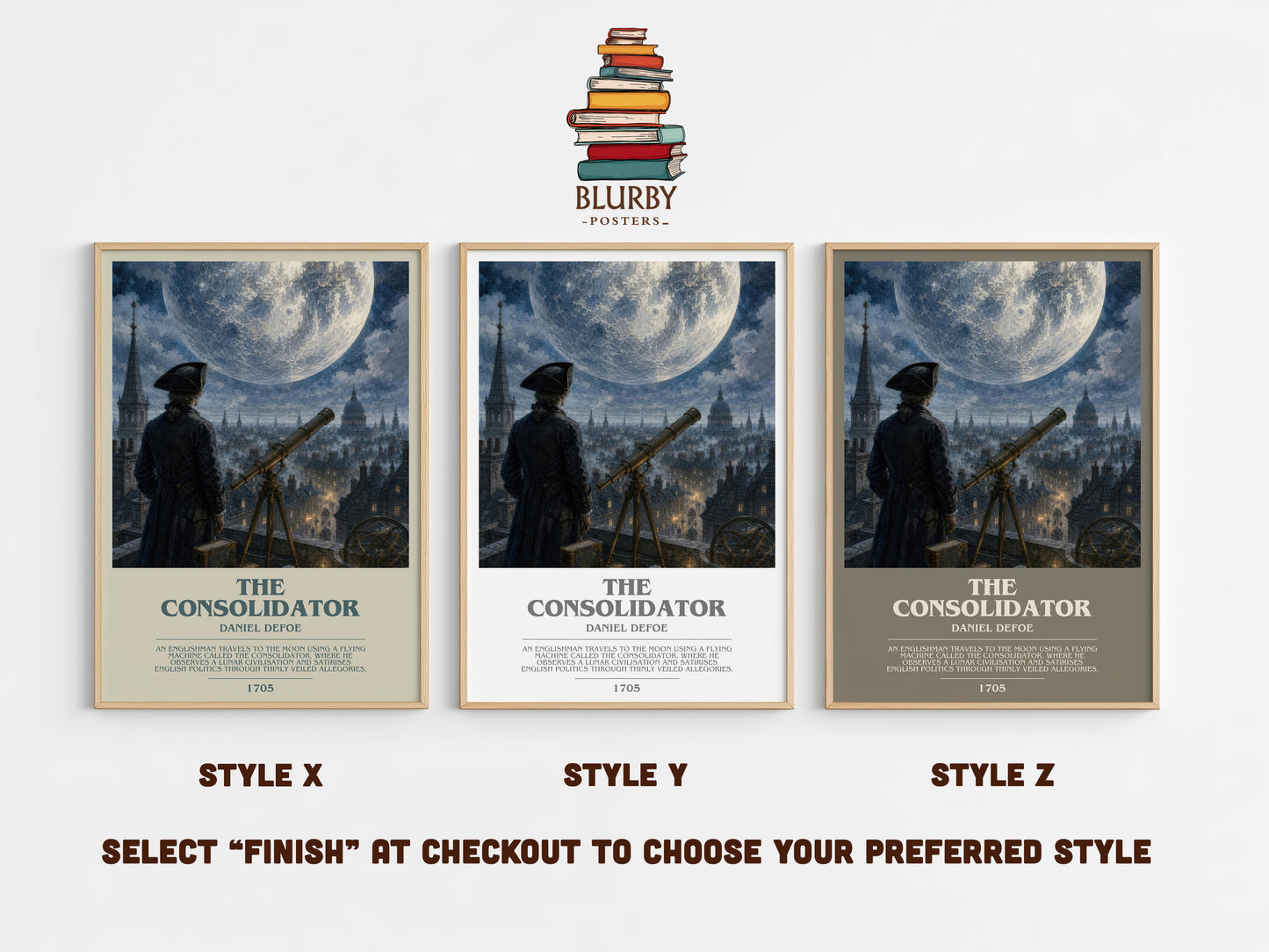 The Consolidator bookish print in frame leaning in hallway – sci fi wall art