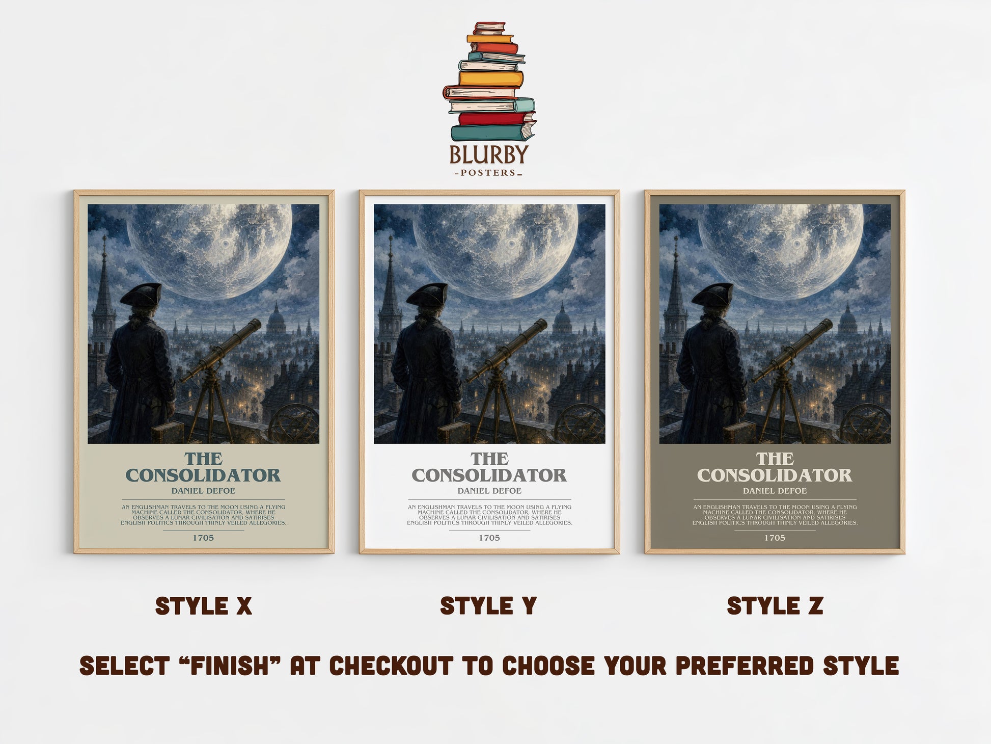 The Consolidator bookish print in frame leaning in hallway – sci fi wall art