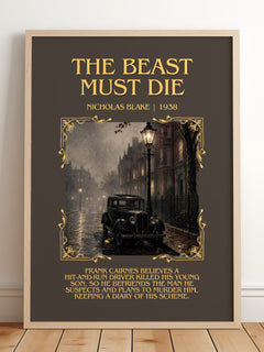 The Beast Must Die Minimalist Book Poster by Nicholas Blake – framed print leaning on a wooden floor