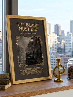 The Beast Must Die Minimalist Book Poster by Nicholas Blake – framed print on a city-view windowsill