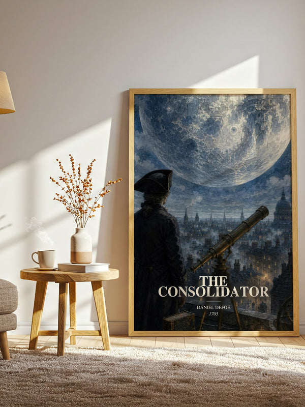 The Consolidator watercolour print in frame leaning in hallway – sci fi wall art