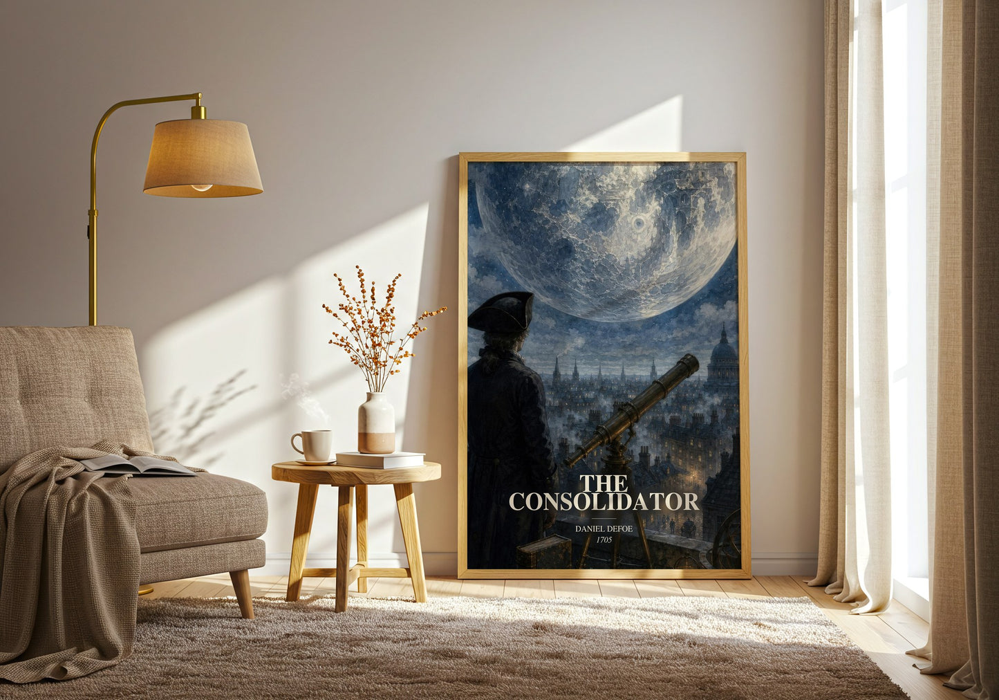 The Consolidator watercolour print in frame leaning in hallway – sci fi wall art